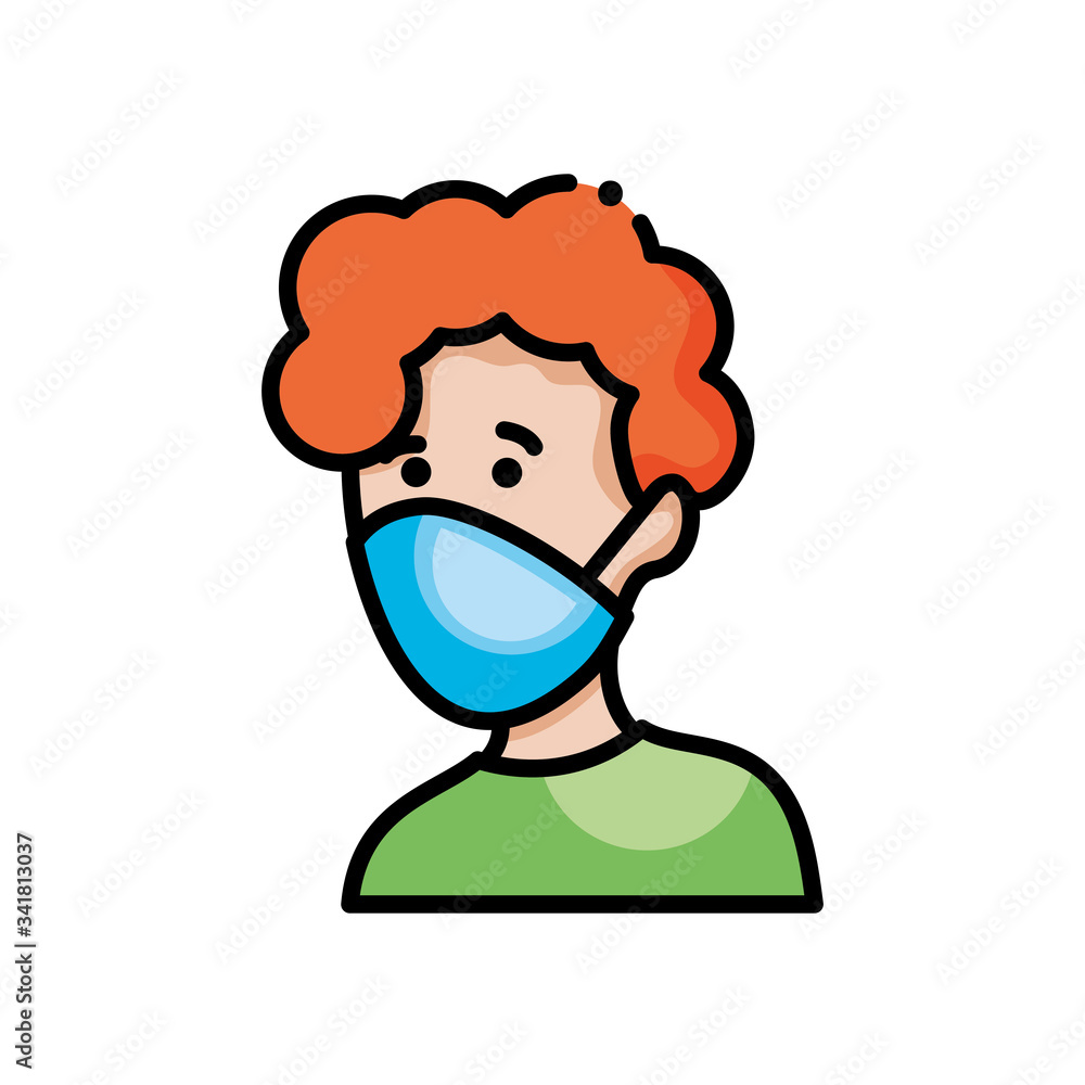 cartoon man with mouth mask icon, line color style