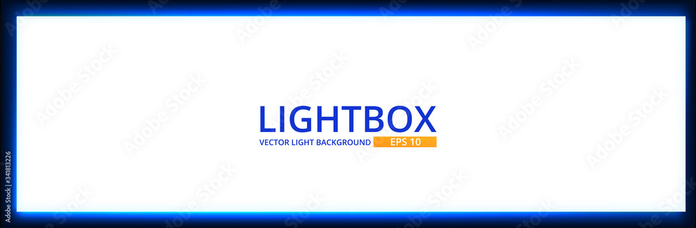 White lightbox screen with neon light on wall. Modern night backgtound with cinema display template design. Vector realisitc mockup.