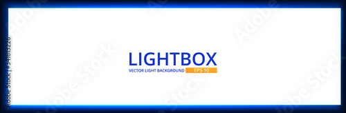 White lightbox screen with neon light on wall. Modern night backgtound with cinema display template design. Vector realisitc mockup.