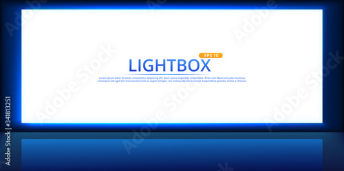 White lightbox screen with neon light on wall. Modern night backgtound with cinema display template design. Vector realisitc mockup.