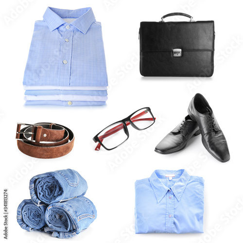 Set of man's clothes and accessories on white background