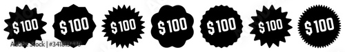 100 Price Tag Black | 100 Dollar | Special Offer Icon | Sale Sticker | Deal Label | Variations
