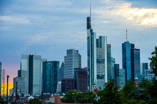 The central part of the city of Frankfurt during the sunset