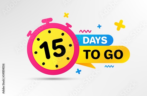 Fifteen days left icon. Countdown left days banner with timer. 15 days to go sign. Sale announcement banner. Count time for promotional offer. Promotion countdown timer. Vector