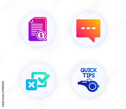 Checkbox, Blog and Financial documents icons simple set. Button with halftone dots. Tutorials sign. Survey choice, Chat message, Check docs. Quick tips. Education set. Vector © blankstock