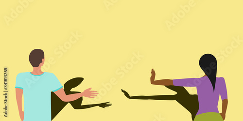 Social distancing concept vector of a man ignoring social distancing with a handshake and a woman refusing to prevent spread of COVID-19 coronavirus pandemic