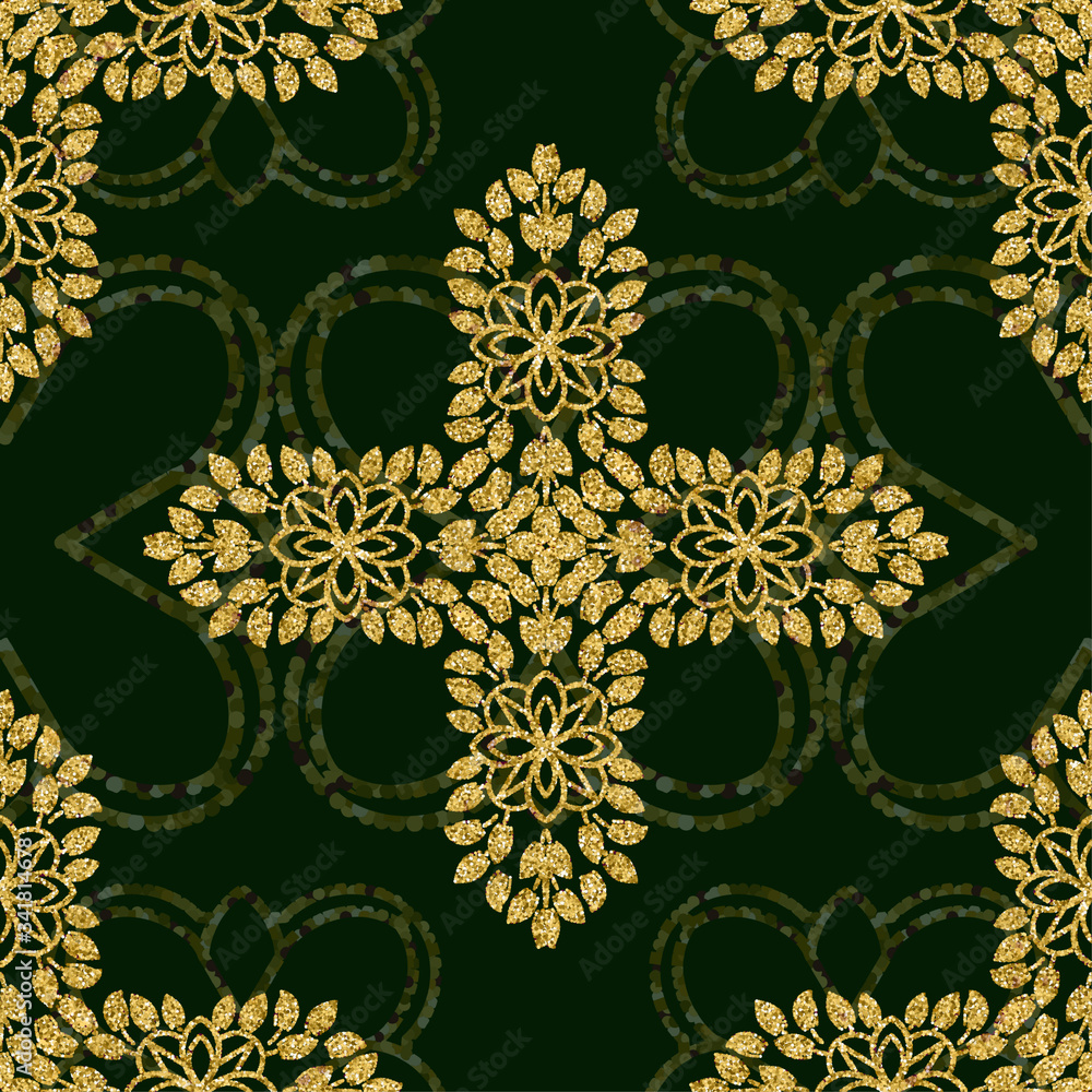 ornament gold glitter wallpaper in the style of Baroque. Seamless vector for fabric, packaging. Ornate Damask ornament gold glitter wallpaper in the style of Baroque. Seamless vector for fabric, packaging. Ornate Damask