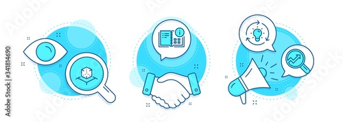 Augmented reality, Analytics and Instruction info line icons set. Handshake deal, research and promotion complex icons. Idea sign. Virtual reality, Audit analysis, Project. Lightbulb. Vector