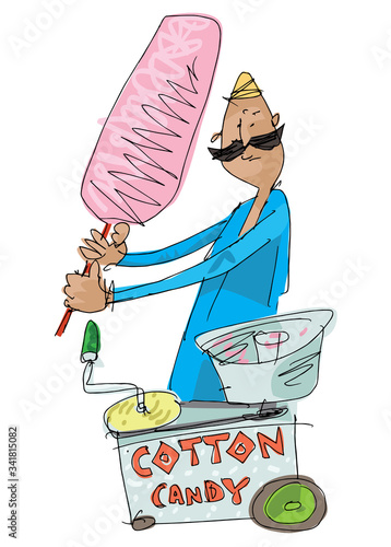 Indian street vendor is making and offering cotton candy. Cartoon. Sketch. Caricature.