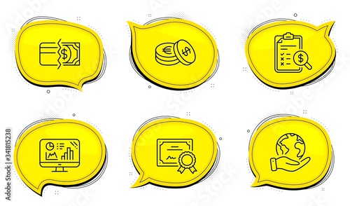 Accounting report sign. Diploma certificate, save planet chat bubbles. Analytics graph, Payment methods and Savings line icons set. Growth report, Credit card, Cash coins. Check finance. Vector