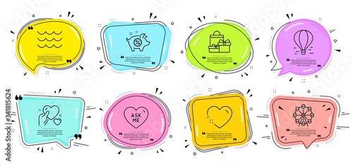 Hold heart, Waves and Heart signs. Speech bubbles with quotes. Ask me, Shopping and Ferris wheel line icons set. Piggy sale, Air balloon symbols. Love sweetheart, Holiday packages. Vector
