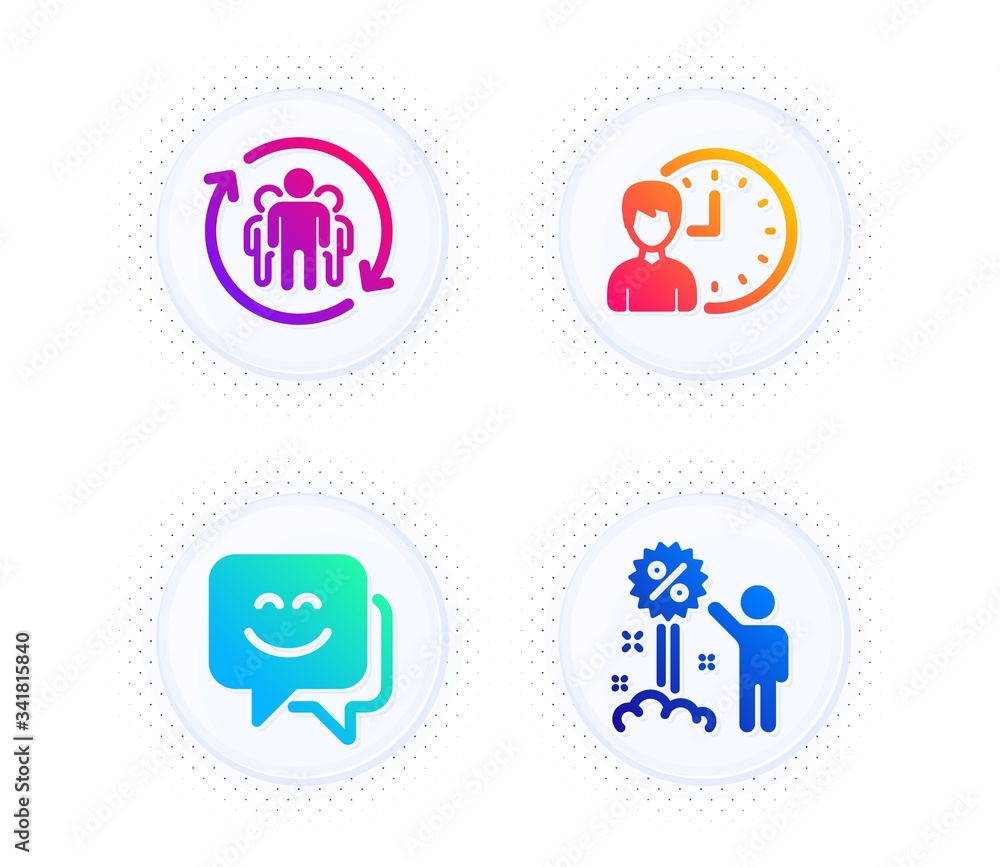 Teamwork, Smile face and Working hours icons simple set. Button with halftone dots. Discount sign. Employees change, Chat, Project deadline. Sale shopping. People set. Vector Teamwork, Smile face and Working hours icons simple set. Button with halftone dots. Discount sign. Employees change, Chat, Project deadline. Sale shopping. People set. Vector