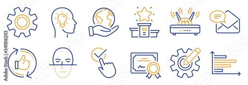 Set of Technology icons, such as Cogwheel, Wifi. Certificate, save planet. Winner podium, New mail, Refresh like. Face recognition, Horizontal chart, Idea head. Checkbox, Service line icons. Vector