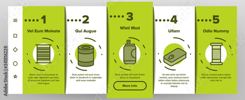 Tin Can Container Onboarding Icons Set Vector. Metallic Tin Can Package For Freshness Drink And Pickled Food, Closed And Opened Illustrations