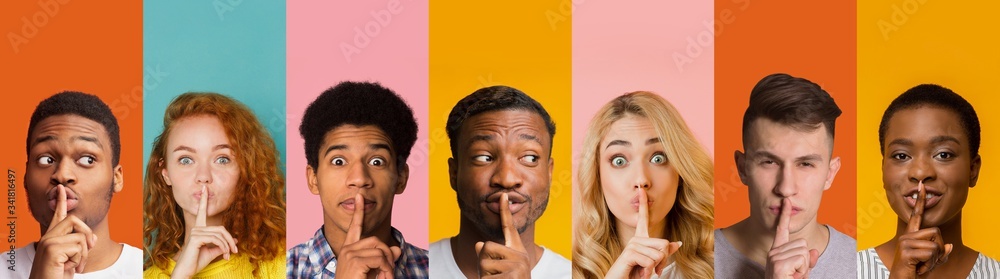 Collage with diverse people showing shush gesture on color background, panorama - obrazy, fototapety, plakaty 