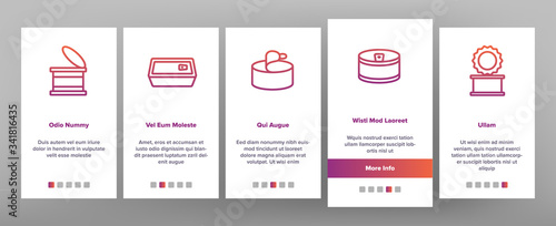 Tin Can Container Onboarding Icons Set Vector. Metallic Tin Can Package For Freshness Drink And Pickled Food, Closed And Opened Illustrations