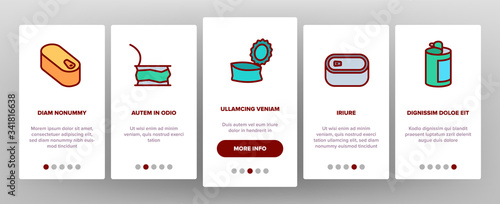 Tin Can Container Onboarding Icons Set Vector. Metallic Tin Can Package For Freshness Drink And Pickled Food, Closed And Opened Illustrations