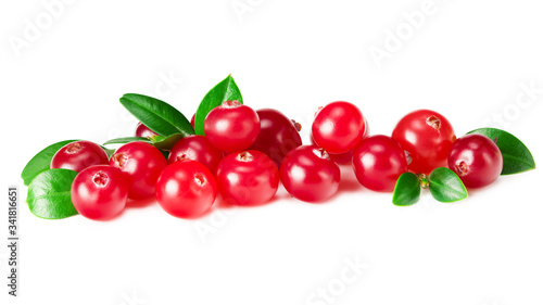 Cranberry with green leaves isolated on white background