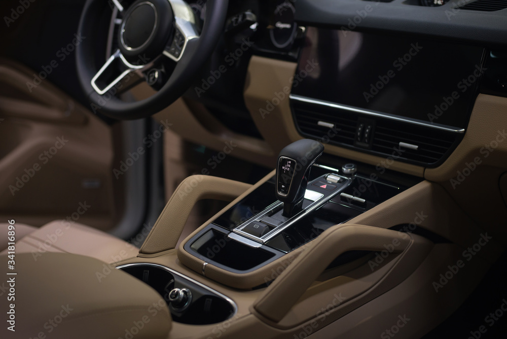 Luxury car interior. Control panel and automatic transmission.