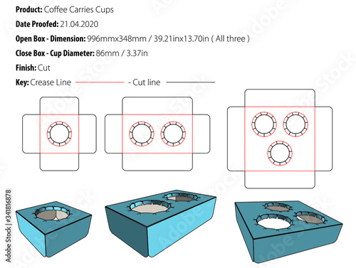 Set of three types coffee carriers cup template die cut - vector