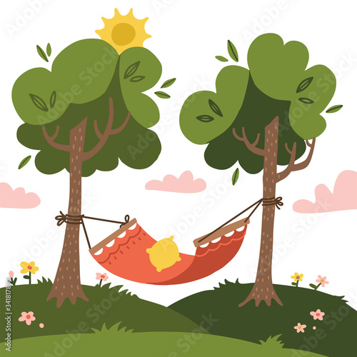 Empty red Summer hammock with trees and landscapes on the background. Nature tourism. Sun and clouds. Flat vector design illustration.