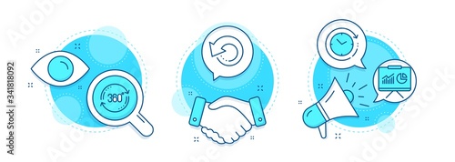 Presentation, Recovery data and Full rotation line icons set. Handshake deal, research and promotion complex icons. Time change sign. Board with charts, Backup info, 360 degree. Clock. Vector