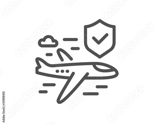 Flight insurance hand line icon. Risk coverage sign. Travel protection symbol. Quality design element. Editable stroke. Linear style flight insurance icon. Vector