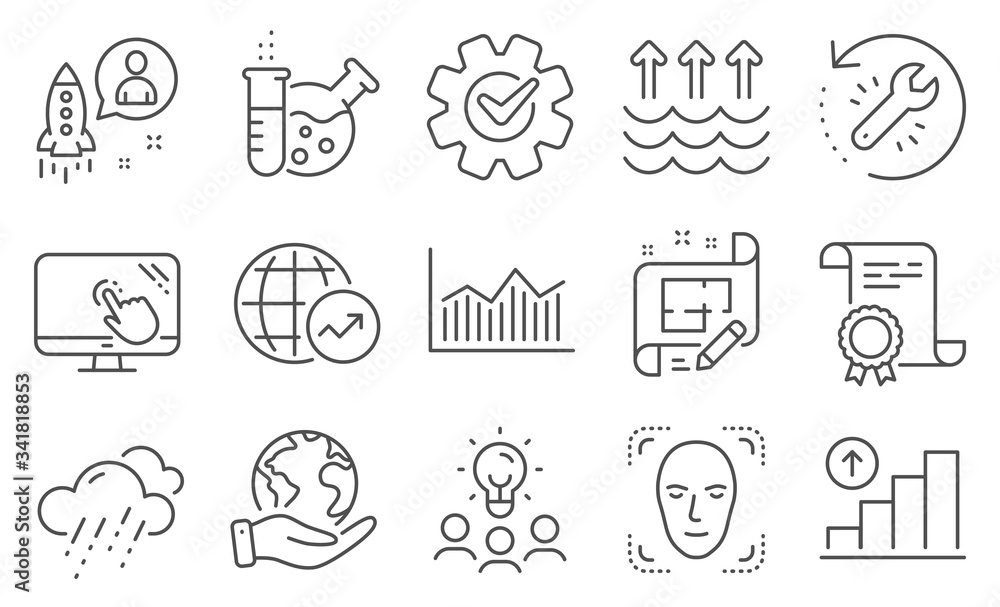Set of Science icons, such as Recovery tool, Face detection. Diploma, ideas, save planet. Startup, Money diagram, Rainy weather. Chemistry lab, Cogwheel, Touch screen. Vector Set of Science icons, such as Recovery tool, Face detection. Diploma, ideas, save planet. Startup, Money diagram, Rainy weather. Chemistry lab, Cogwheel, Touch screen. Vector