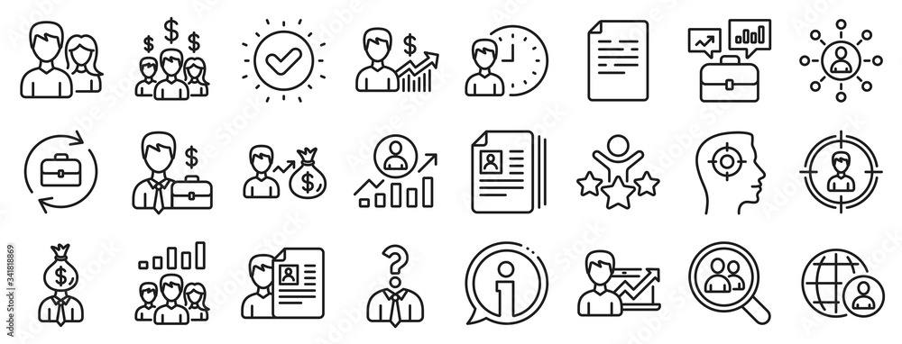 Business networking contract, Job Interview and Head Hunting contract icons. Human Resources, head hunting line icons. CV, Teamwork and Portfolio symbols. Business career, human, interview. Vector