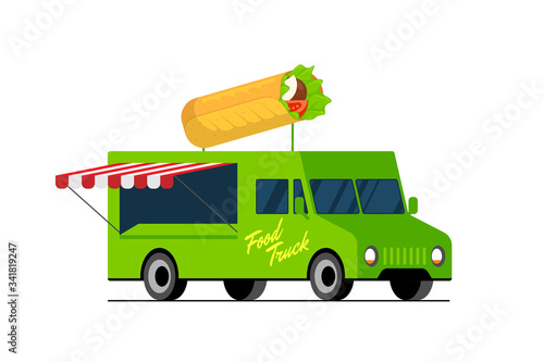 Fast food green truck. Doner kebab on van roof. Shawarma car delivery service or festival on street wheels vector flat isolated eps illustration