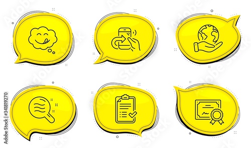 Share call sign. Diploma certificate, save planet chat bubbles. Approved checklist, Yummy smile and Skin condition line icons set. Accepted message, Comic chat, Search magnifier. Phone support. Vector
