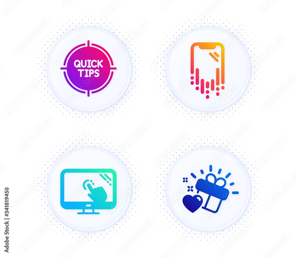 Tips, Smartphone recovery and Touch screen icons simple set. Button with halftone dots. Love gift sign. Quick tricks, Phone repair, Web support. Heart. Business set. Gradient flat tips icon. Vector