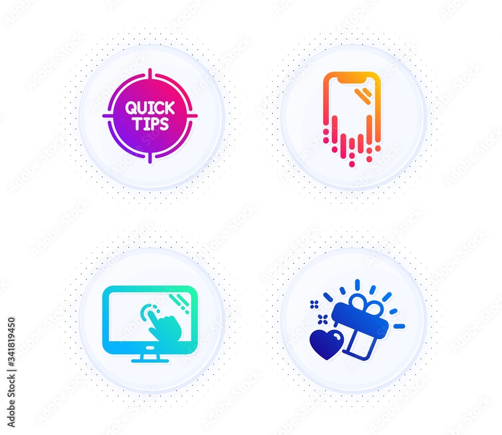 Tips, Smartphone recovery and Touch screen icons simple set. Button with halftone dots. Love gift sign. Quick tricks, Phone repair, Web support. Heart. Business set. Gradient flat tips icon. Vector Tips, Smartphone recovery and Touch screen icons simple set. Button with halftone dots. Love gift sign. Quick tricks, Phone repair, Web support. Heart. Business set. Gradient flat tips icon. Vector