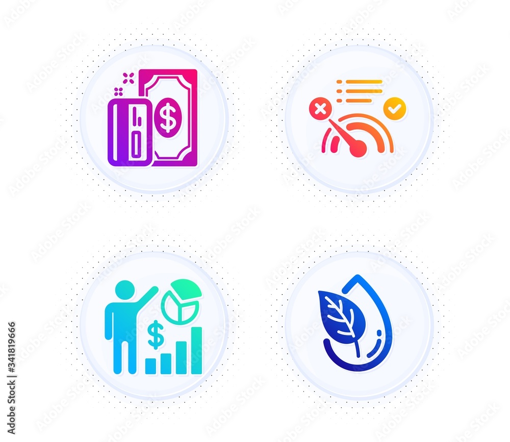 Payment, Seo statistics and No internet icons simple set. Button with halftone dots. Organic product sign. Cash money, Analytics chart, Bandwidth meter. Leaf. Business set. Vector