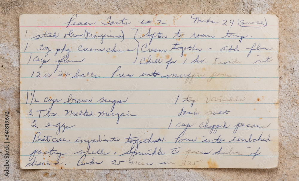 Old handwritten pecan tart recipe, blue ink on 3x5 index card