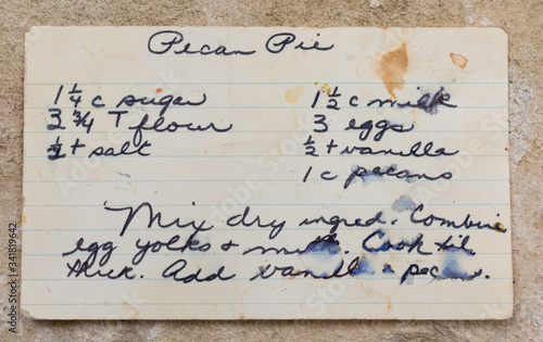 Old handwritten pecan pie recipe, blue ink on 3x5 index card