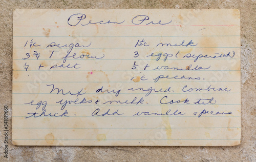 Old handwritten pecan pie recipe, blue ink on 3x5 index card