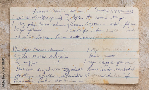 Old handwritten pecan tart recipe, blue ink on 3x5 index card