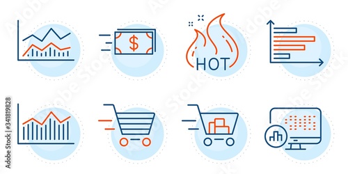 Horizontal chart, Money transfer and Money diagram signs. Trade infochart, Report statistics and Hot sale line icons set. Delivery shopping, Shopping cart symbols. Outline icons set. Vector