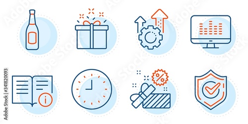 Clock, Music making and Sale signs. Seo gear, Beer and Technical info line icons set. Special offer, Confirmed symbols. Cogwheel, Pub alcohol. Business set. Outline icons set. Vector