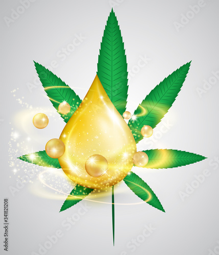 Marijuana leaf and natural 3d golden oil drop isolated on white background. Store, distributor or grower label. Alternative herbal medicine icon. Legalized organic analgesic. Naturopathy treatment.