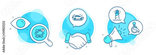 Bus parking, Disabled and Car line icons set. Handshake deal, research and promotion complex icons. Lighthouse sign. Public park, Handicapped wheelchair, Transport. Searchlight tower. Vector