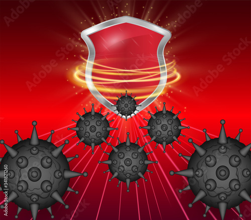 Corona virus 3d cartoon emblem with immunity shield attacked by pathogenes background. Prevent epidemic and pandemiс termination issue, quarantine vector. Dangerous covid-19 vaccine or cure creation.