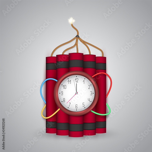 Dynamite sticks bundle with timer 3d vector isolated on white background. Burning fuses for sudden danger or pressure, violence, unsolved problem, bad outcome symbols. Cartoon explosive materials.