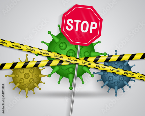 Corona virus 3d cartoon emblem with restriction band, stop sign isolated on white background. Epidemic and pandemiс termination issue, quarantine vector. Dangerous covid-19 infection spreading icon.