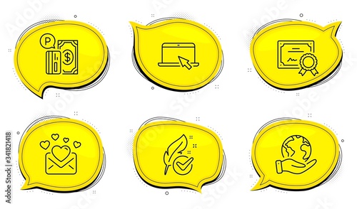 Portable computer sign. Diploma certificate, save planet chat bubbles. Parking payment, Love mail and Hypoallergenic tested line icons set. Paid garage, Valentines letter, Feather. Vector
