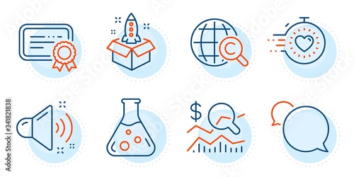 Certificate, International Ð¡opyright and Chemistry lab signs. Startup, Messenger and Loud sound line icons set. Check investment, Timer symbols. Innovation, Speech bubble. Education set. Vector