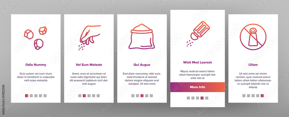 Fototapeta premium Salt Flavoring Cooking Onboarding Icons Set Vector. Salt On Human Tongue And In Bowl, Fish And Meat, Package And Bag, Shaker And Bottle Illustrations