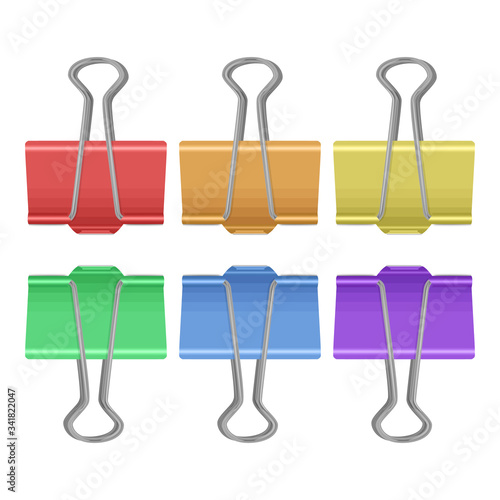 Set of multicolored paperclips on white background, office supplies, vector illustration