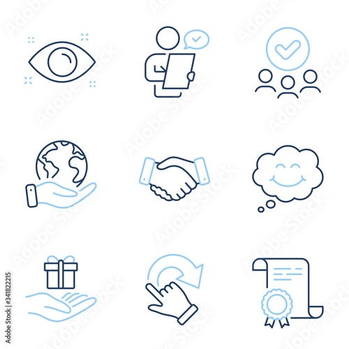 Smile, Employees handshake and Loyalty program line icons set. Diploma certificate, save planet, group of people. Customer survey, Health eye and Rotation gesture signs. Vector